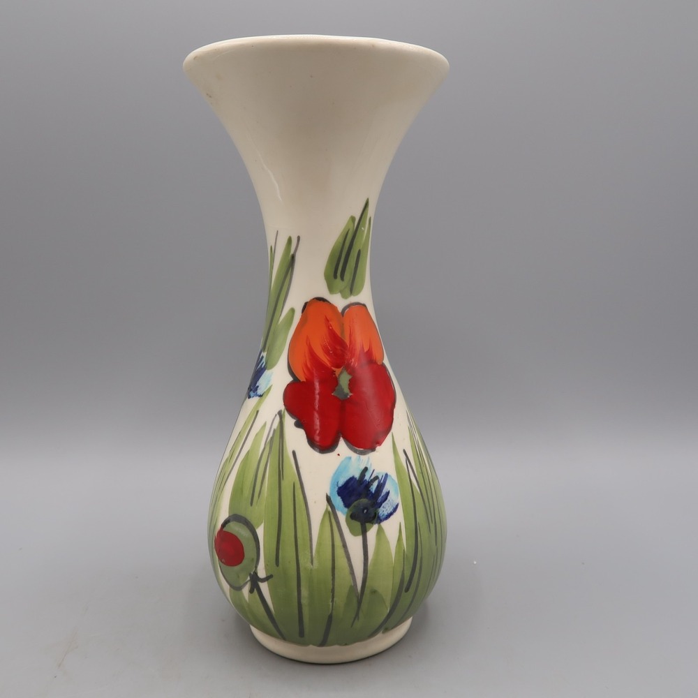 Vintage Hand Painted Floral Vase 7" Tall Made in Brazil Red Poppie Flower